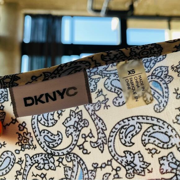 DKNY Blue Cream Gold Sequins Paisley Print Short Sleeve Mini Dress Tunic XS - Picture 6 of 8